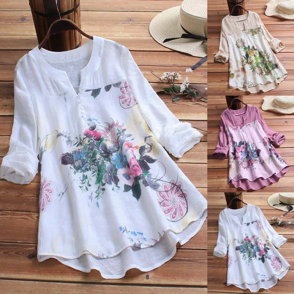 

Vintage Floral Print Women'S Blouses V Neck Long Sleeve T-Shirt Elegant Female Cotton Linen Tops Plus Size Ladies Blusas Tops