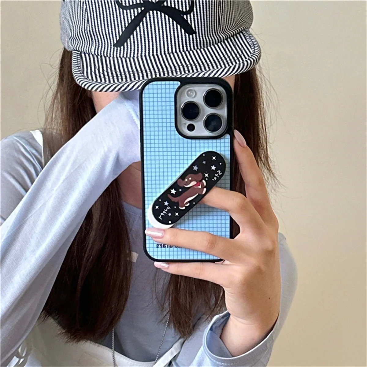 

Fashion Korean Blue Plaid Pattern Phone Case For iPhone 16 Pro 15 14 13 Pro Max Cover with Holder Shockproof Cases