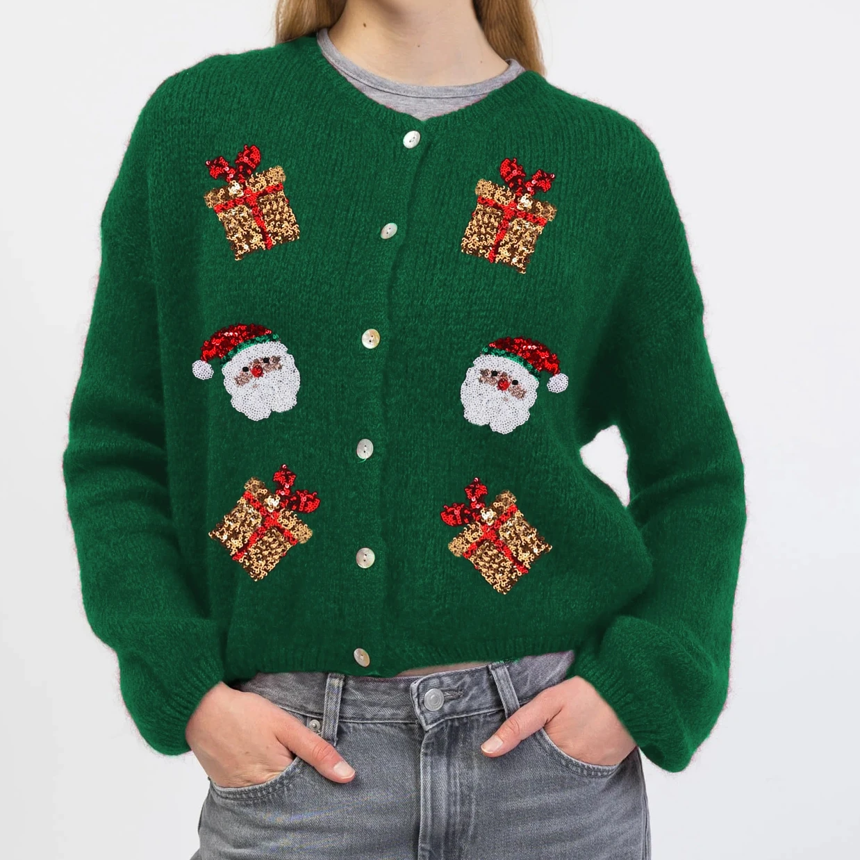 เสื้อคาร์ดิแกนคริสต์มาสสำหรับผู้หญิง แขนยาว คอวี ติดกระดุม ปักลายซานตาคลอสด้วยเลื่อม เสื้อแจ็คเก็ตถัก