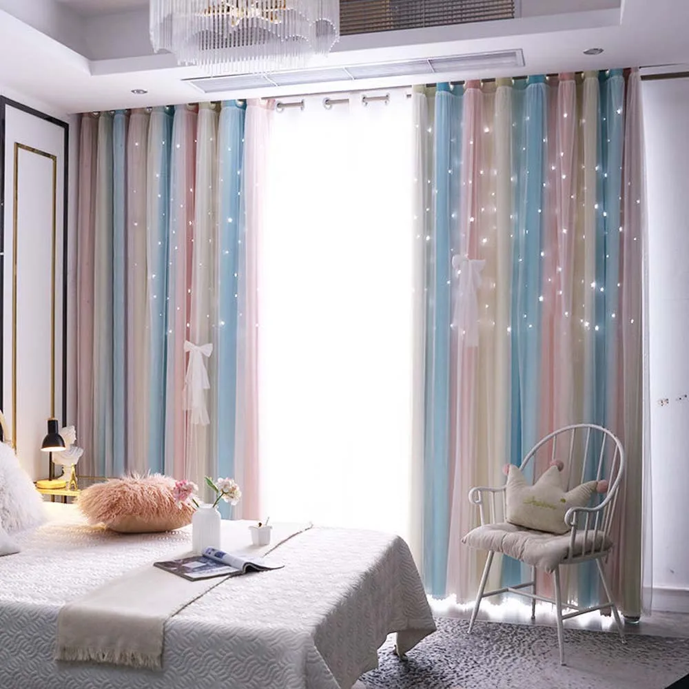 Double Layer Hollow Stars Blackout Curtains for Kids Room Sheer Curtains for Living Room Girl's Bedroom Window with White Tulle