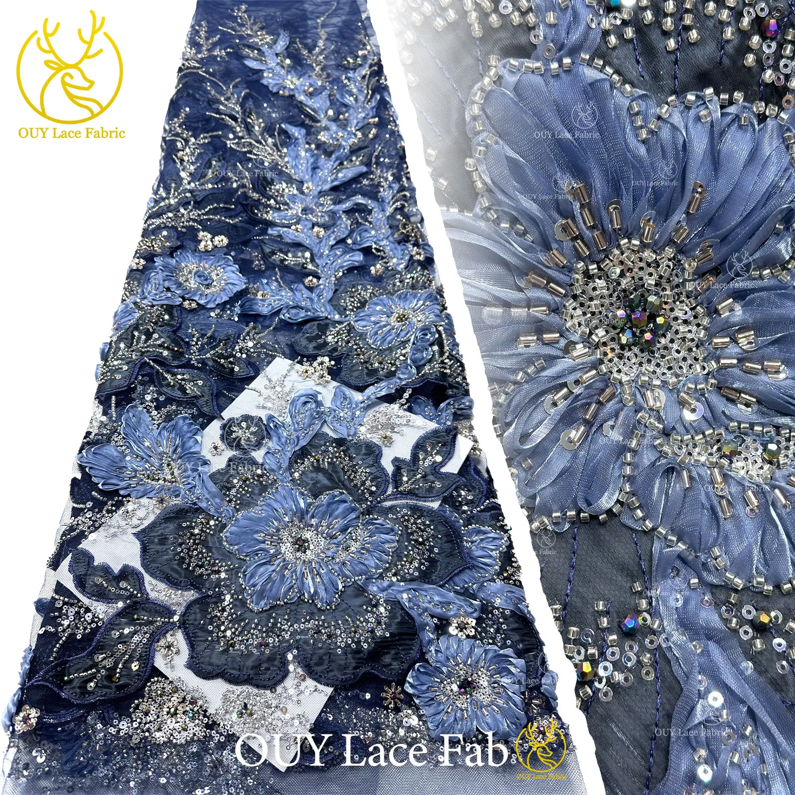 

Navy Blue Gorgeous African Beaded Sequins Lace Fabric 3D Flower Nigerian High Quality Tulle Mesh Lace Fabric For Prom Dress 5Y