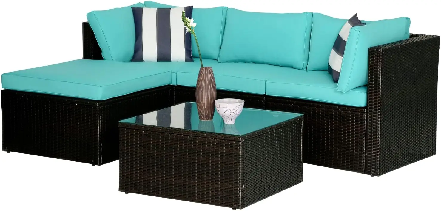 5Pcs Modular Outdoor Sofa Set All Weather Wicker Sectional Sofa with 2 Corner Chair Armless Chair Ottoman Chair Glass Table