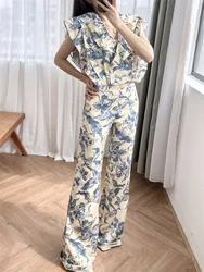 Women Flare Pants Floral Print High Waist Elegant Summer 2024 Long Trousers