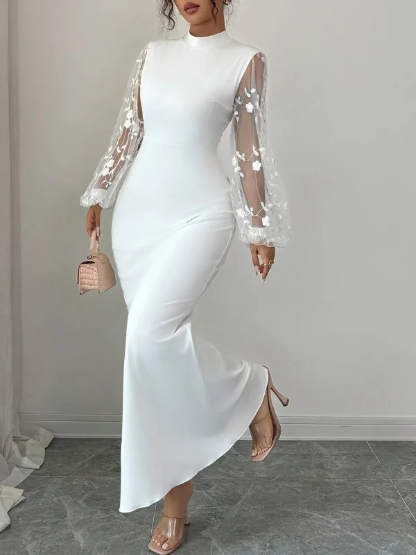 크리스마일 여성용 우아한 이브닝 하이넥 드레스 2026 바디콘 화이트 가운 시어 메쉬 소매 포멀 파티 섹시 시크 맥시 드레스