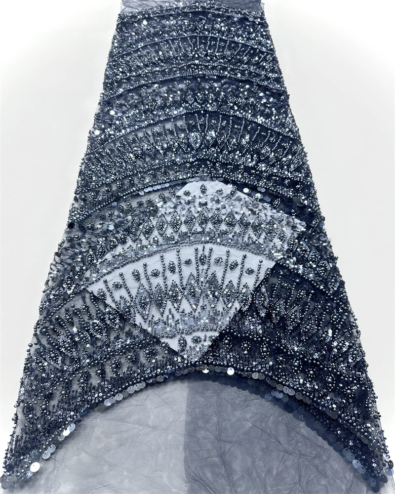

Blue High Quality African Nigerian Net Lace Fabric With Sequins Handmade Heavy Beaded Lace Cloth Prom Dresses Beads