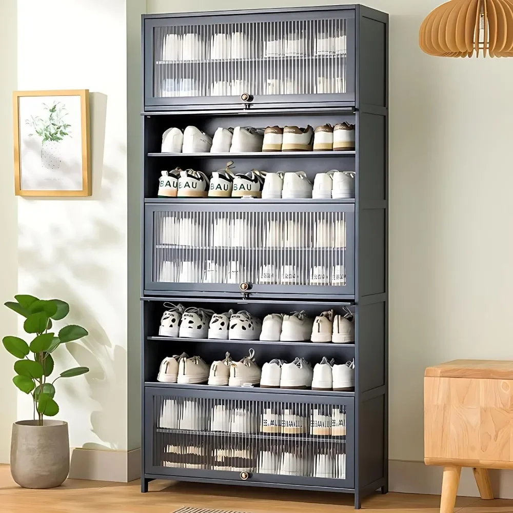 

Large Capacity Shoe Cabinet with Flip Doors, 10 Tier Bamboo Freestanding Shoe Storage Cabinet