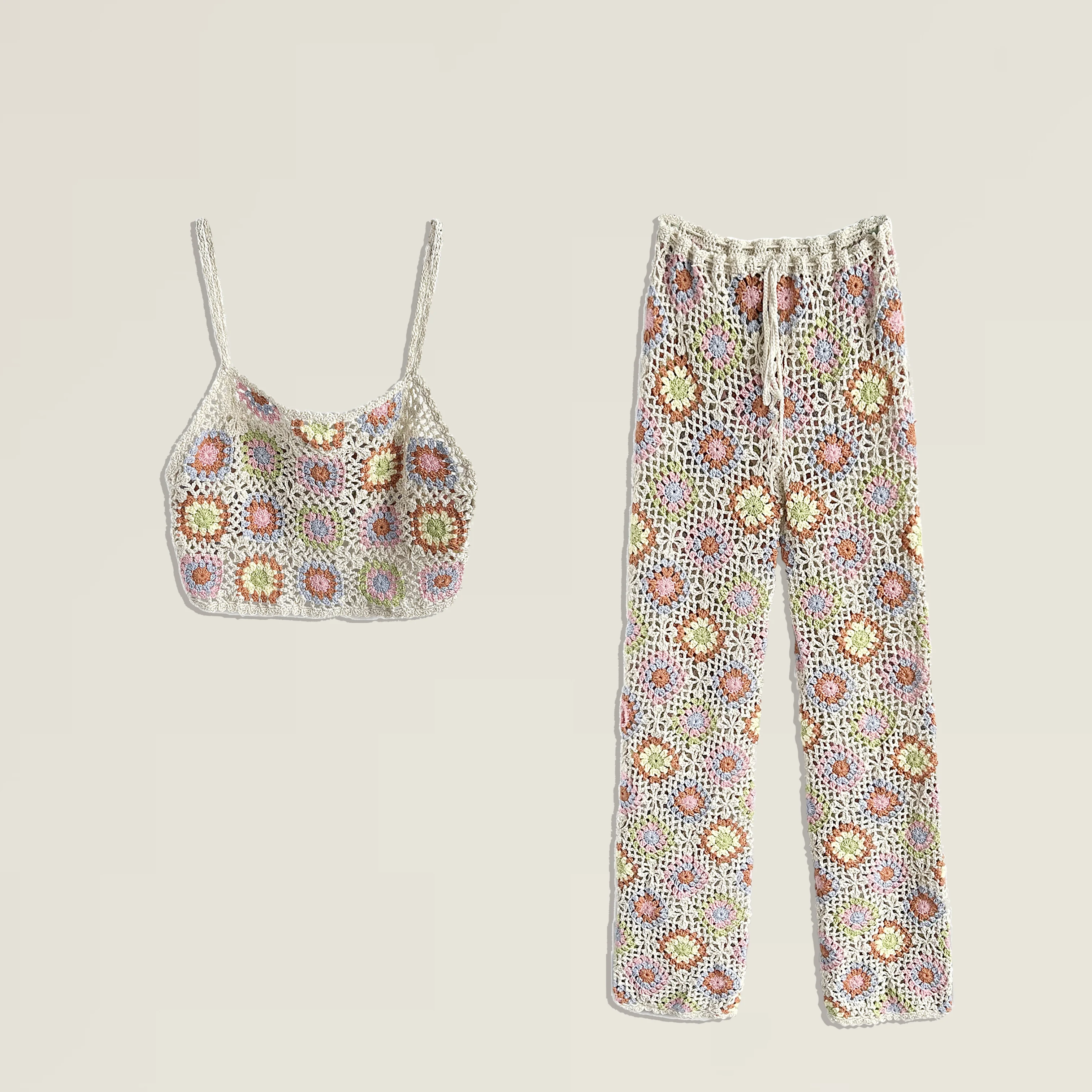 

TIYIHAILEY New Women Knitting Stretch Crocheted Trousers Elastic Waist Pants Straight Hand Made Custom Made Tops 2pcs One Set