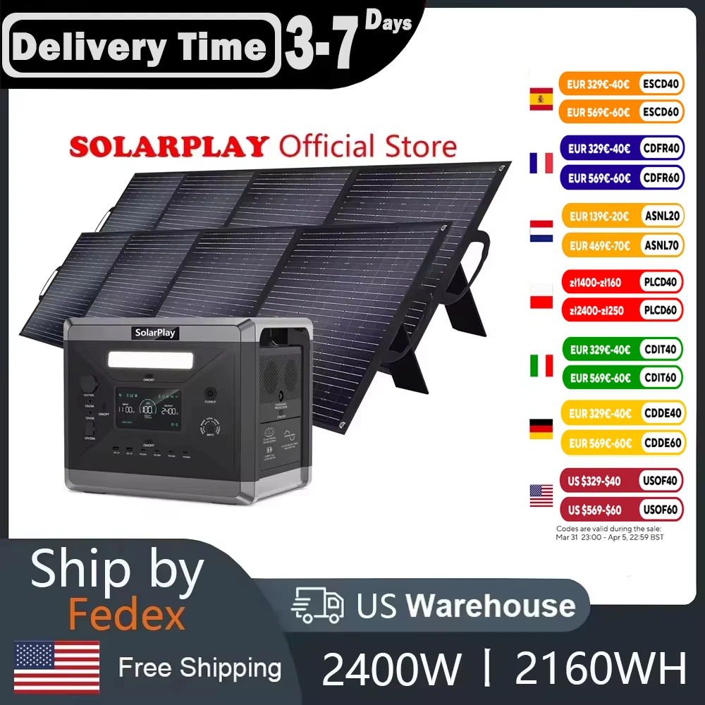 

2400W/2160Wh Portable Power Station With Solar Panel Solar Generator with 4 AC Outlets (4800W Peak) Power Generator For Home Use