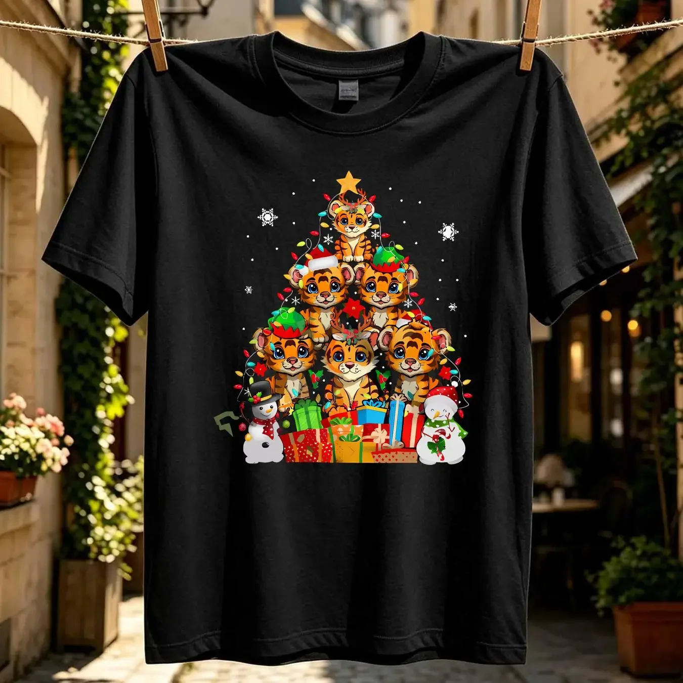 washed T Shirt Tiger Christmas Light Tree Shape Santa Elf Reindeer Zoo Animal Snowman S vintage Washed Slightly Soft Stretched