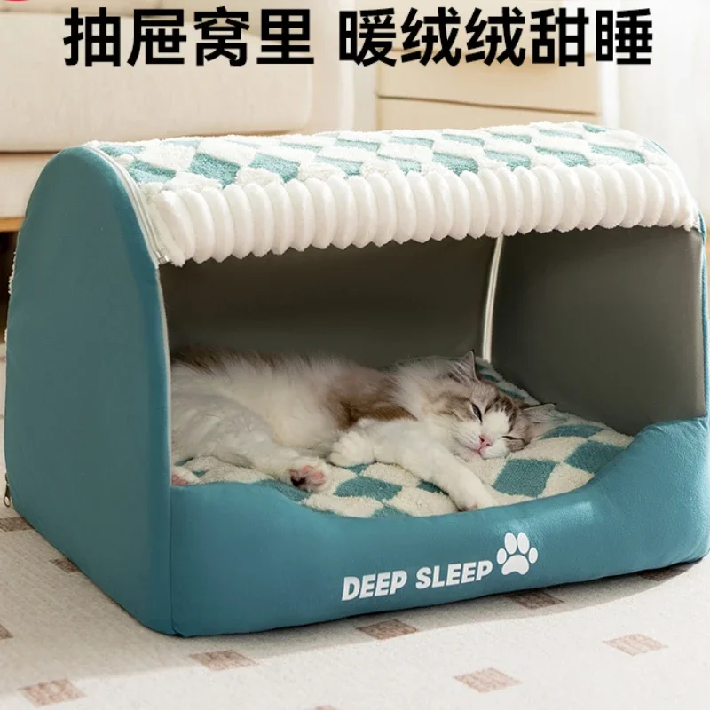 Warm closed house, winter cat nest, universal security in all seasons, bed cushion for sleeping