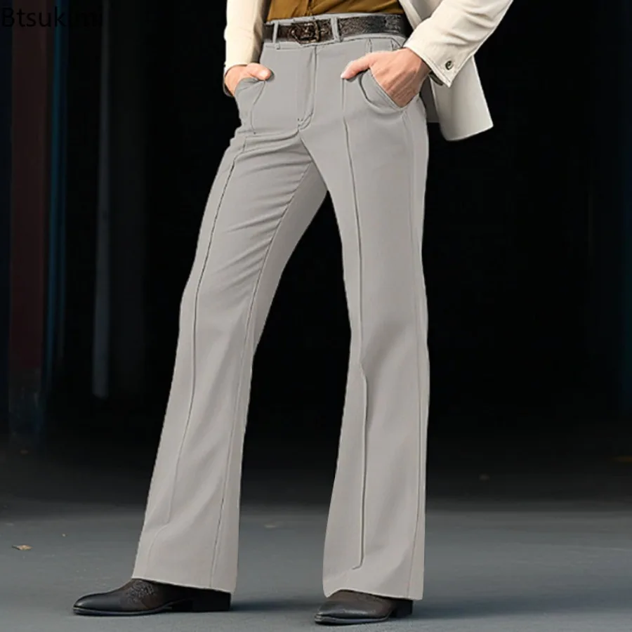 New Men's Vintage Suit Pants Solid Color Slim Flare Trousers Spring Fashion Basic Casual Business Dress Pants Male Streetwear