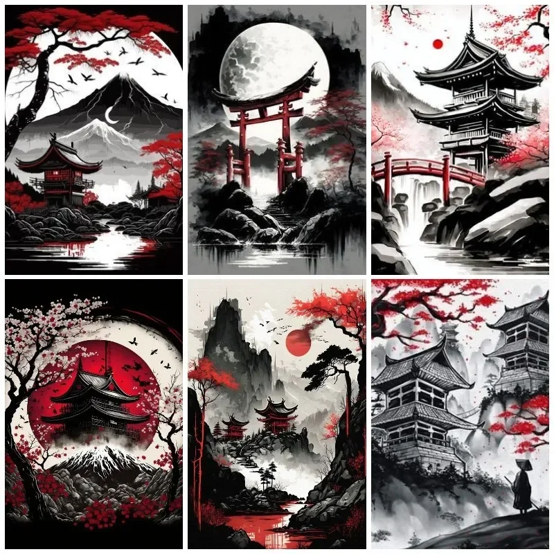 Cherry Moon Samurai,5D Diy Diamond Painting,Full Square Round Drill,Diamond Mosaic Embroidery Kit,Japanese Temple Art,Home Decor