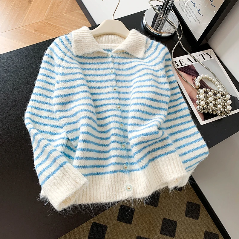 

Soft Sweet Dopane Rainbow Color Blo Cardigan Sweater Women's Autumn Winter Small Size Anti Aging Knitted irt