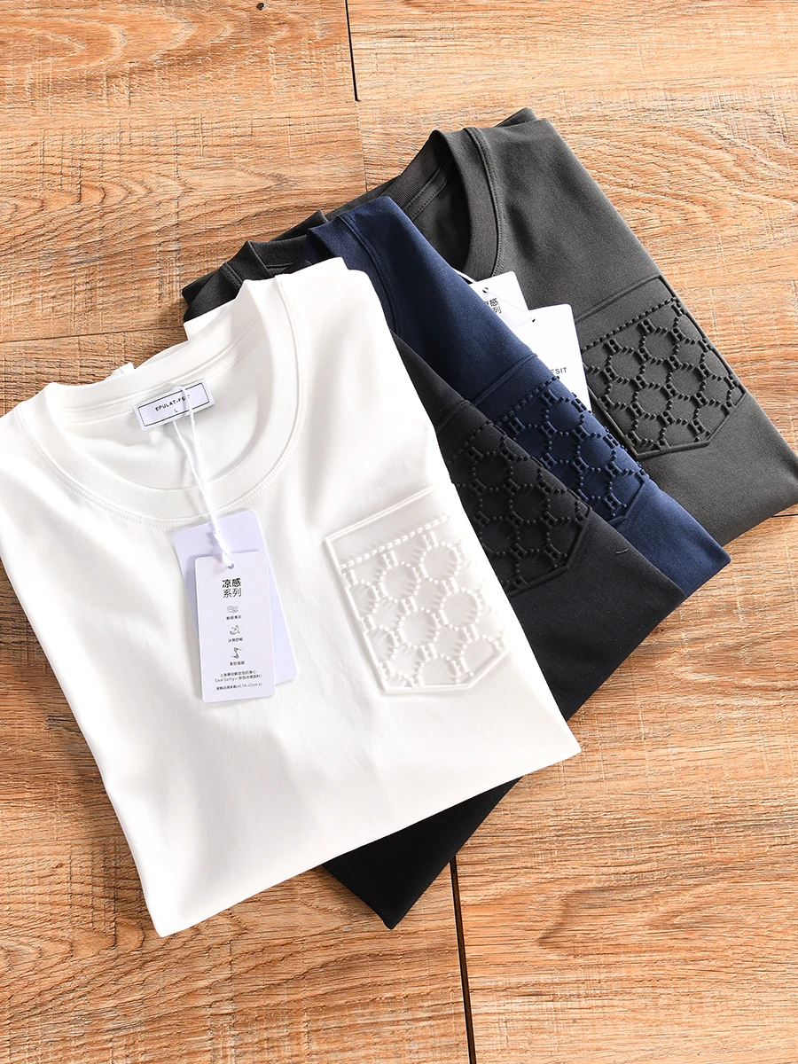 Italian Style Liquid Ammonia Cotton 3D Pressed Flower Casual Short Sleeve round Neck T-Shirt Men's Summer Versatile Fashionab...