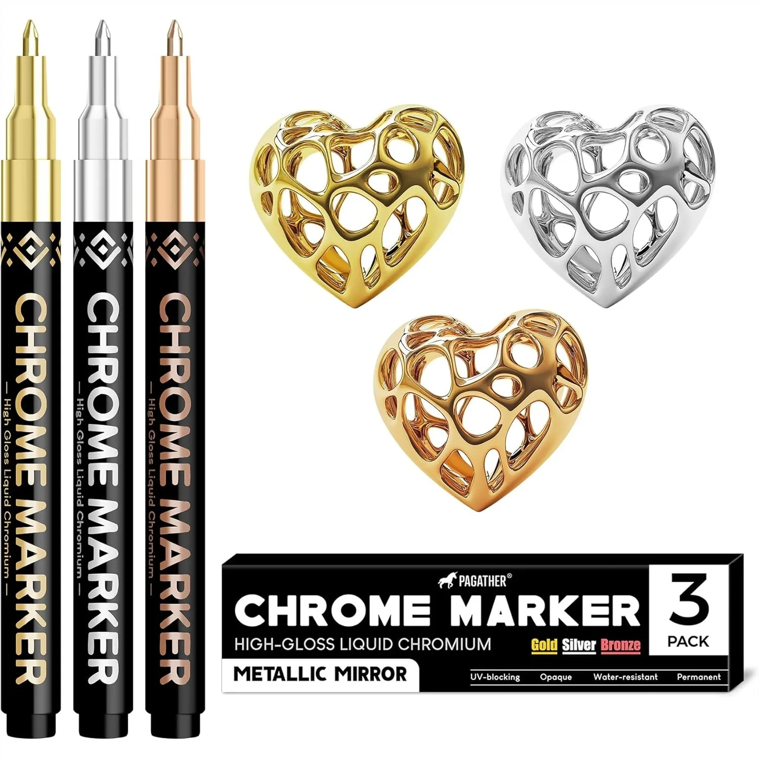 

3Pcs Chrome Paint Markers - Permanent Mirror Liquid Pens for Metal, Plastic, Model, Jewelry & Wheel Touch Up, DIY Art