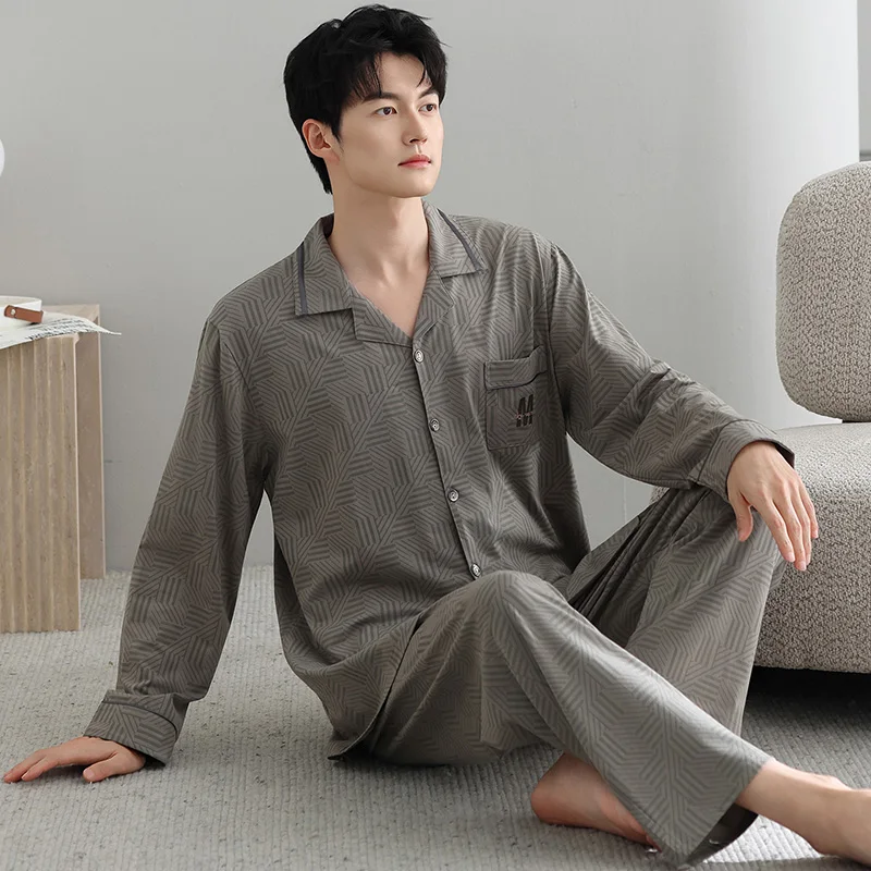 Big Size M-4XL Men Pajamas Set Knited Cotton Sleepwear Male Autumn Turn-down Collar Long Sleeve Pyjamas