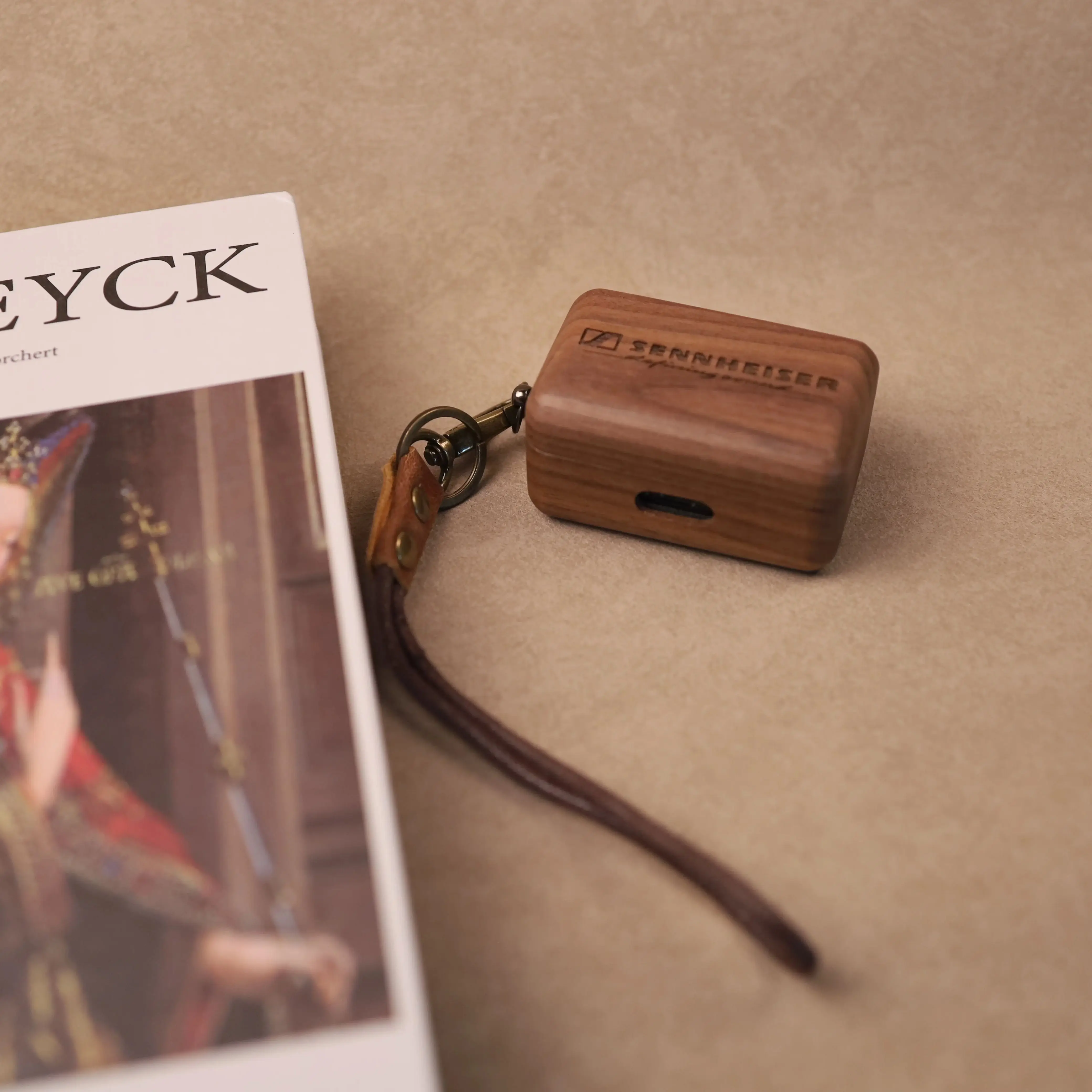 Walnut Solid Wood Case for Sennheiser MOMENTUM True Wireless 3 / 4 – Hand-Carved Protective Cover With Free Metal Hook