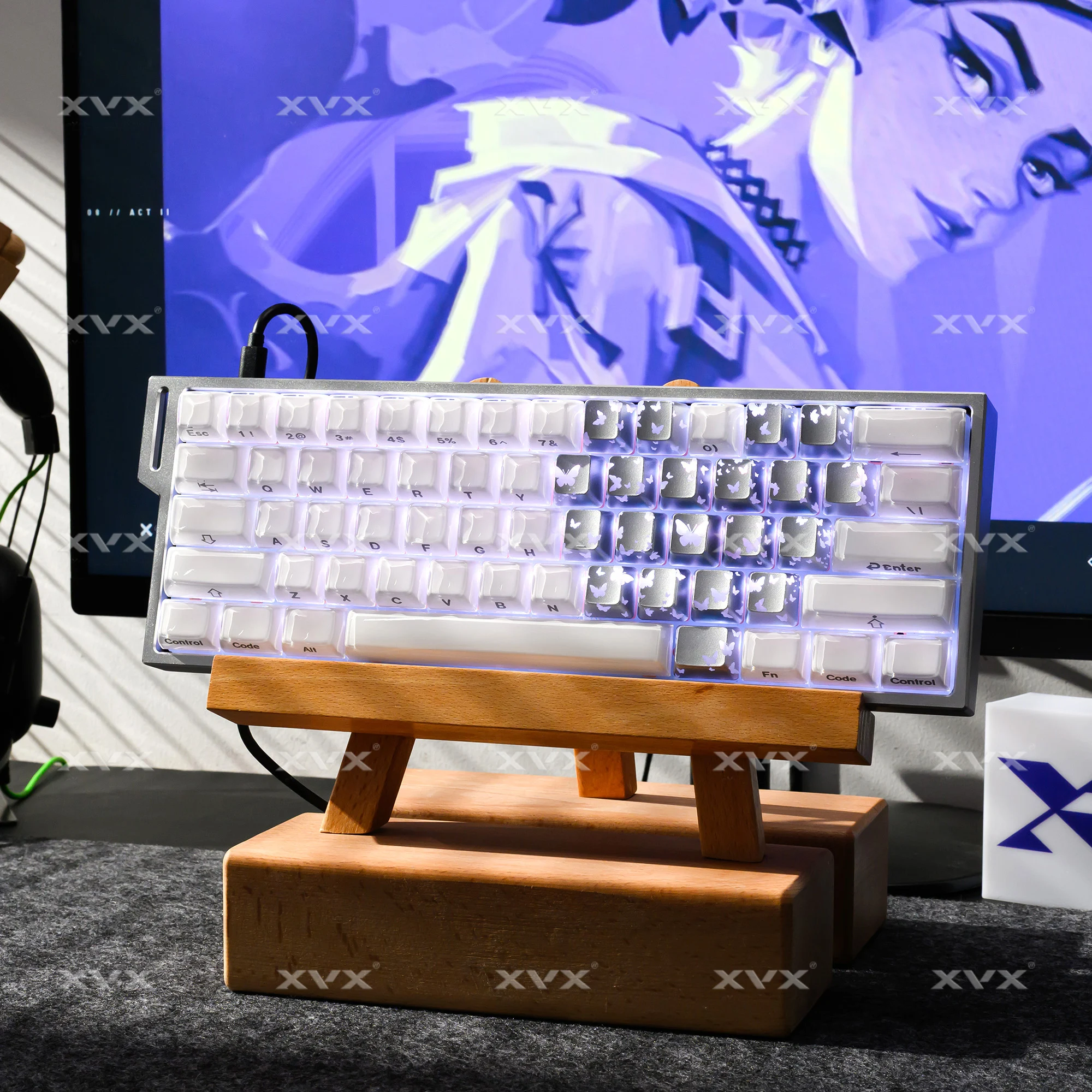 XVX 21 مفتاحًا أغطية مفاتيح على شكل فراشة فضية IMD-نمط يلمع من خلال أغطية مفاتيح على شكل قلب OEM ملف تعريف DIY غطاء مفاتيح مزخرف