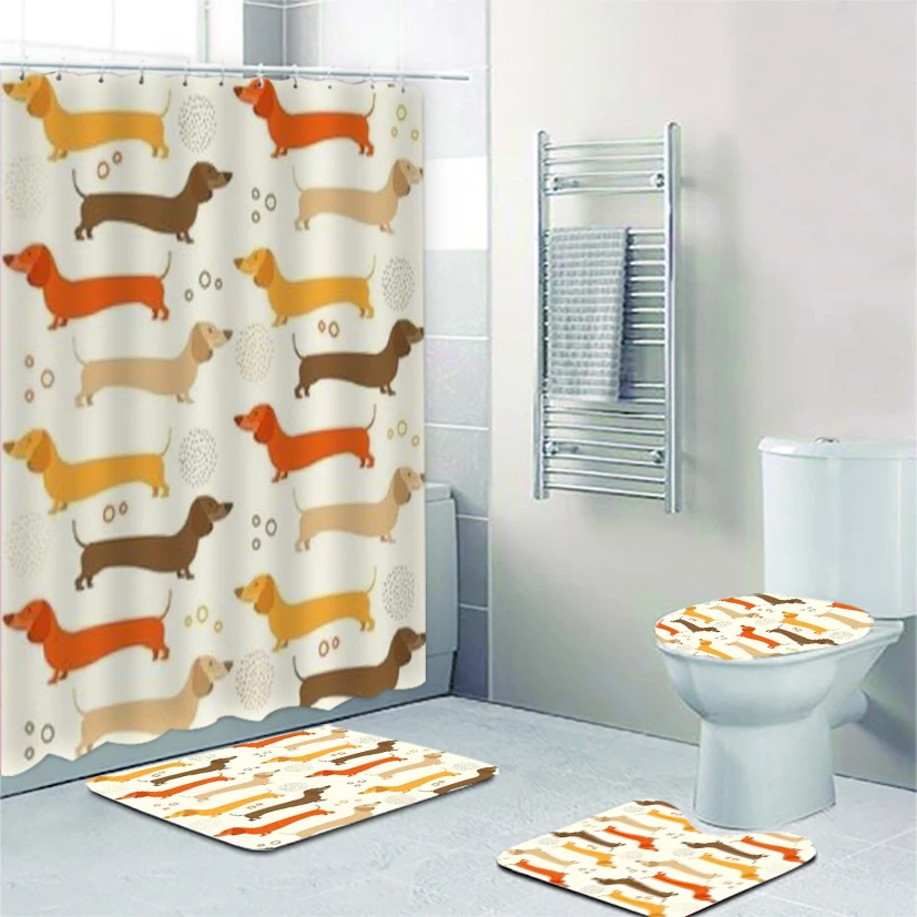 Scandinavian Baby Dachshunds Shower Curtain Set for Kid Bathroom Decor Nordic Sausage Dog Bath Mats Rug Toilet Accessories