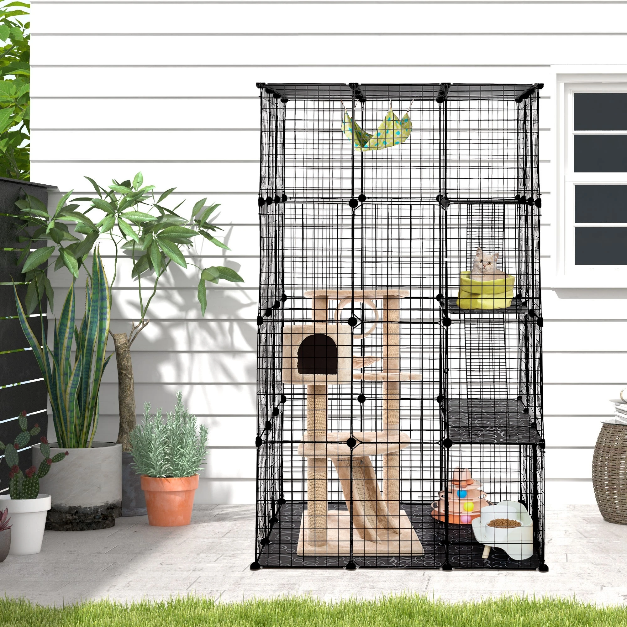 

3-Tier Wire Cat Cage, Large Kennels Playpen with 3 Platforms, 3 Ramp Ladders and 4 Doors, 42" x 42" x 72", Black