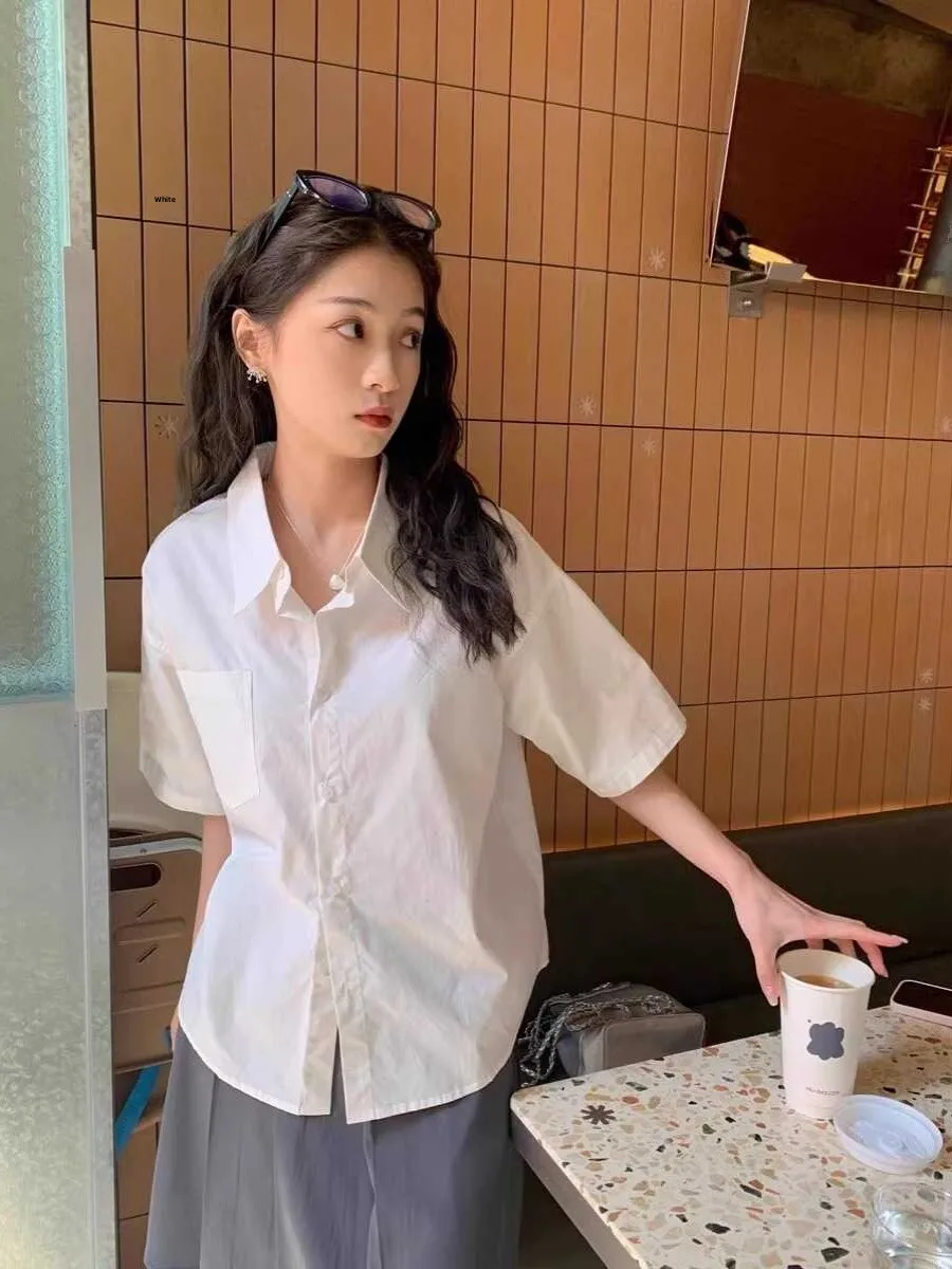 

White Loose Neck Short Sleeve Shirt Women's Design Sensation Lazy Style Commute Fashion Straight Cut Summer Shirt