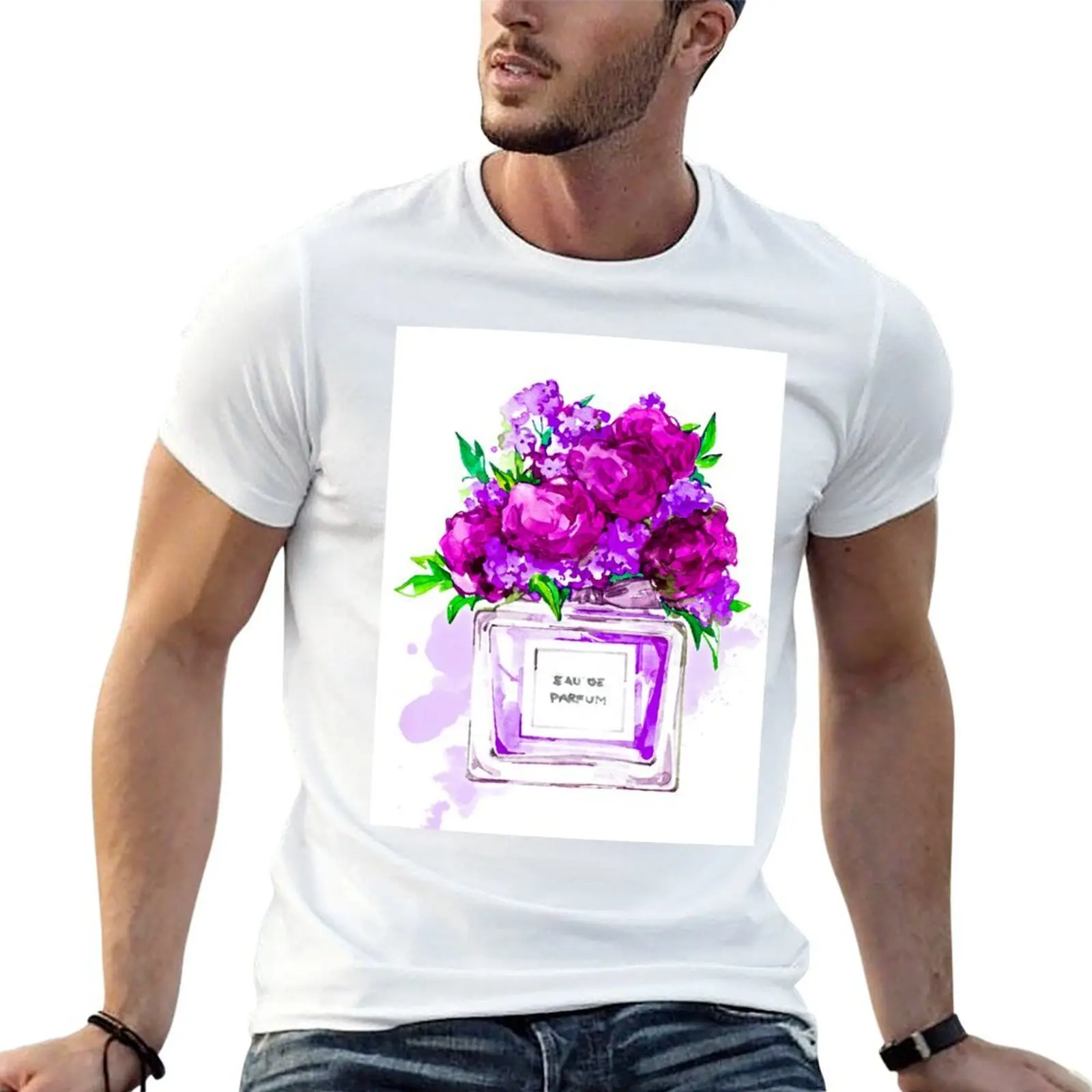 Perfume Bottle Watercolor Painting Hand Painted With Purple Flowers T-Shirt vintage clothes Short sleeve tee men workout shirt