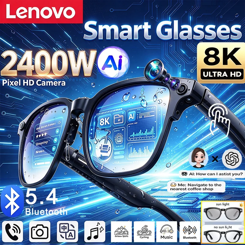 Lunettes intelligentes AI Lenovo, enregistrement vidéo 8K, caméra Bluetooth, traduction AI, musique, lunettes de soleil, photo 2400MP pour hommes et femmes, usage extérieur