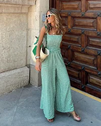 WildPinky New Fashion Women Jumpsuits Summer Pleated Wide Leg Overalls High Waist Casual Plaid Sleeveless Loose Rompers