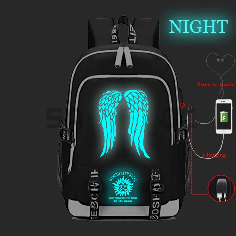 

Светящийся рюкзак Supernatural для подростков, школьный ранец с USB-портом для ноутбука, мужской и женский рюкзак, студенческий холщовый рюкзак для путешествий, уличная сумка через плечо