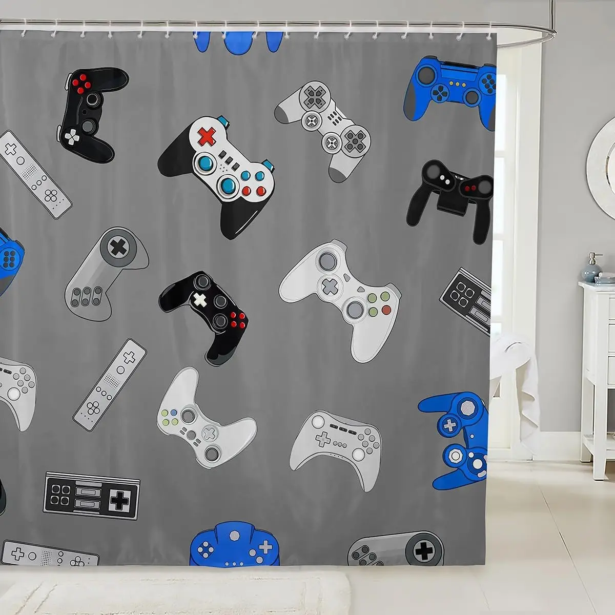 Gamepad Gaming Shower Curtain Console Gamer Gray Video Game Controller Modern Kids Boys Girls Bathroom Decor with Hooks