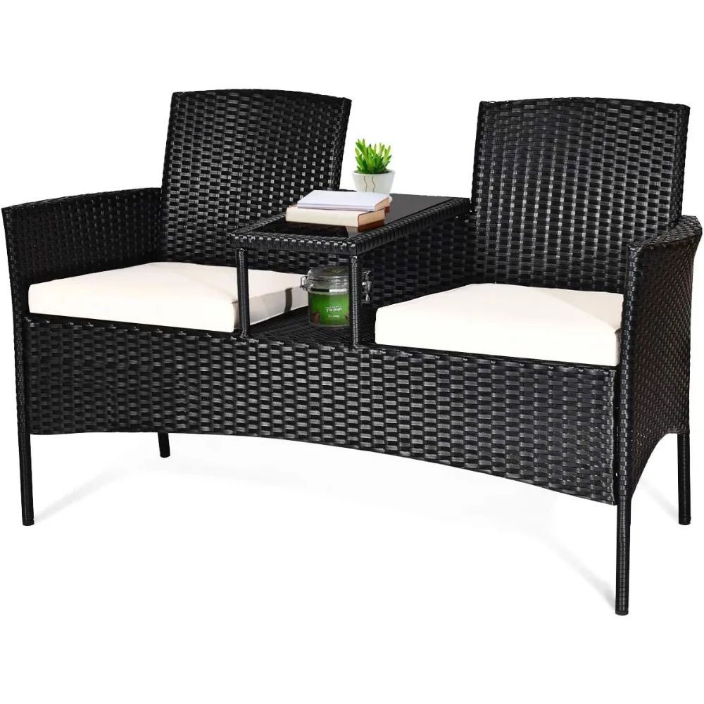 

Garden Conversation Furniture Set, Outdoor Furniture Set with Removable Cushions & Table, Tempered Glass Top,Modern Rattan Bench
