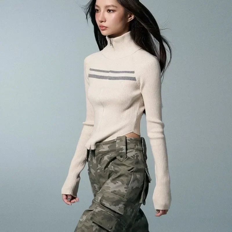 Cárdigans irregulares de estética Grunge, jerséis acanalados con espalda descubierta Vintage, prendas de punto de cuello alto Punk, moda coreana