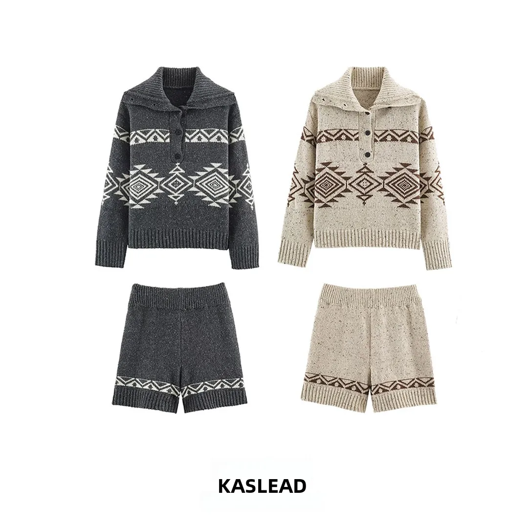 KASLEAD New Women's Geometric Pattern Knitted Sweater Shorts Set Long Sleeve Crew Neck Autumn Fashion Two-Piece Ensemble