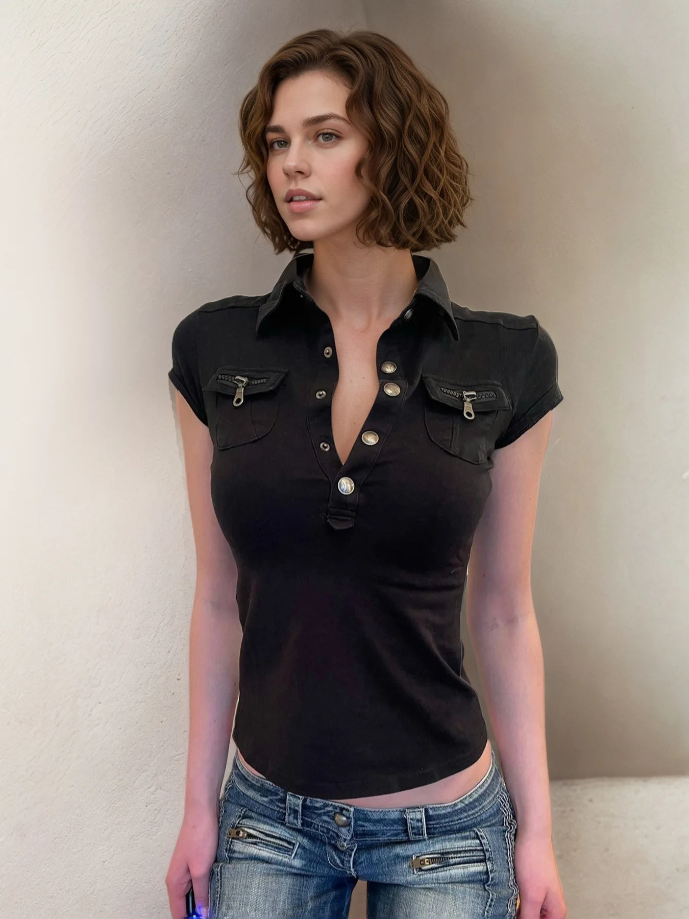 Personalized workwear style buckle POLO collar  pocket zipper short sleeved casual T-shirt