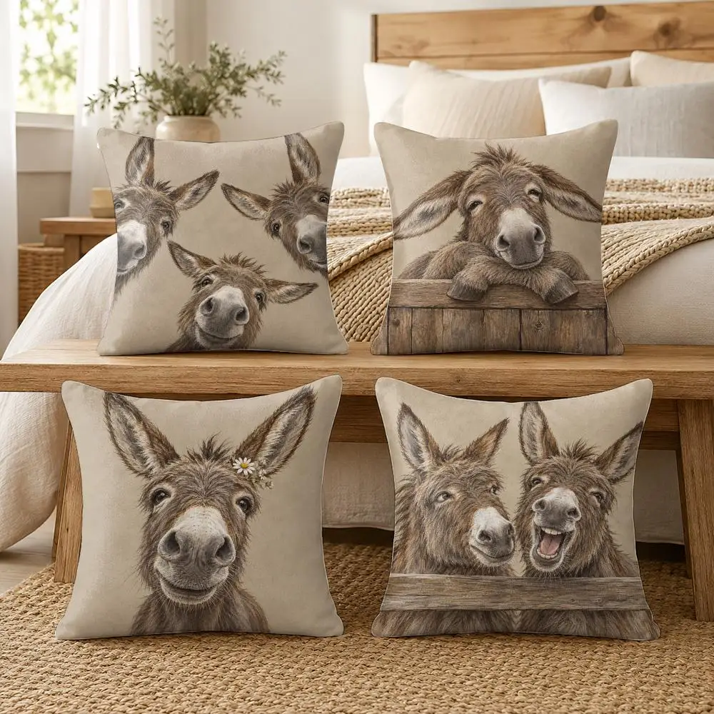Cute Donkeys Cushion Cover Soft Short Plush Pillow Cases Hidden Zipper Cutecore Sofa Bedroom Home Decor Gift