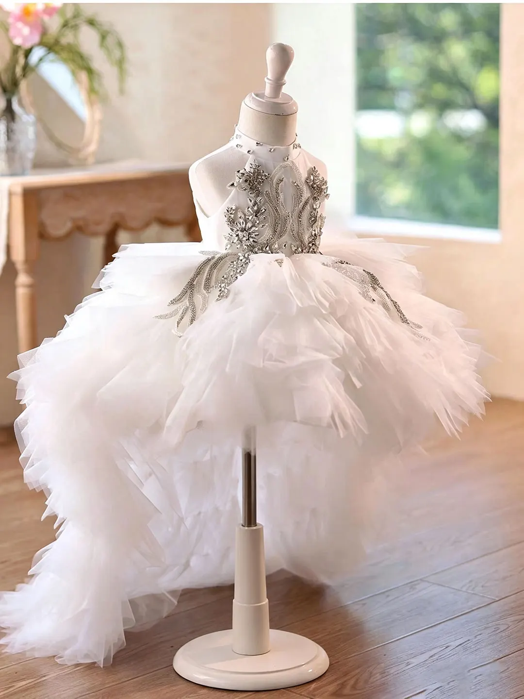 JILL WISH J850 Halter Heavy Rhinestone White Flower Girl Dress Puffy Tulle Gown With Train Kids Princess Dress For Wedding Party