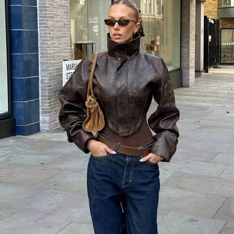 Vintage Women's Cropped Faux Leather Jacket With Stand Collar And Balloon Sleeves In Biker Style For Chic All Streetwear Outfits