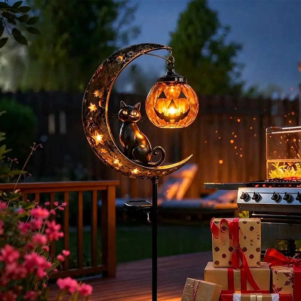 Halloween Schwarze Katze & Kürbis-Mond Gartenleuchte, Gartenlampe Dekoration, Outdoor Wasserdichte Metall-Kürbis-Pfahl-Deko – Detail 11