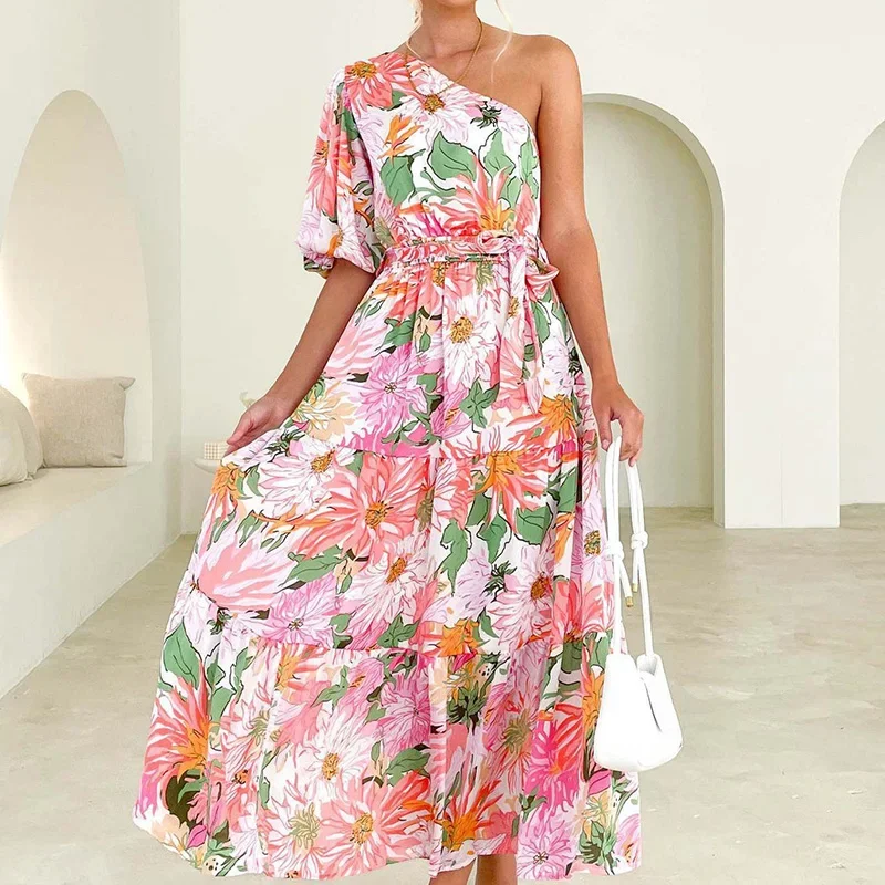 

LIBIELIY повседневное плиссированное вечернее платье с короткими рукавами, женское сексуальное длинное платье на шнуровке с диагональным воротником, элегантное длинное платье с цветочным принтом и высокой талией