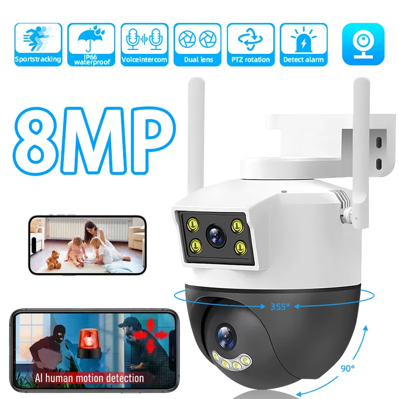 

8MP Dual Lens WIFI IP Camera Outdoor Home Security Two-way Audio Color Night Vision Tracking Alarm Wireless Surveillance Camera