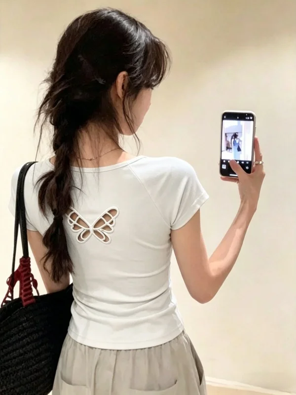 Blue Back  Hollow out Short Sleeve T-Shirt Women's Unique Beautiful Summer Casual Style round Neck Top