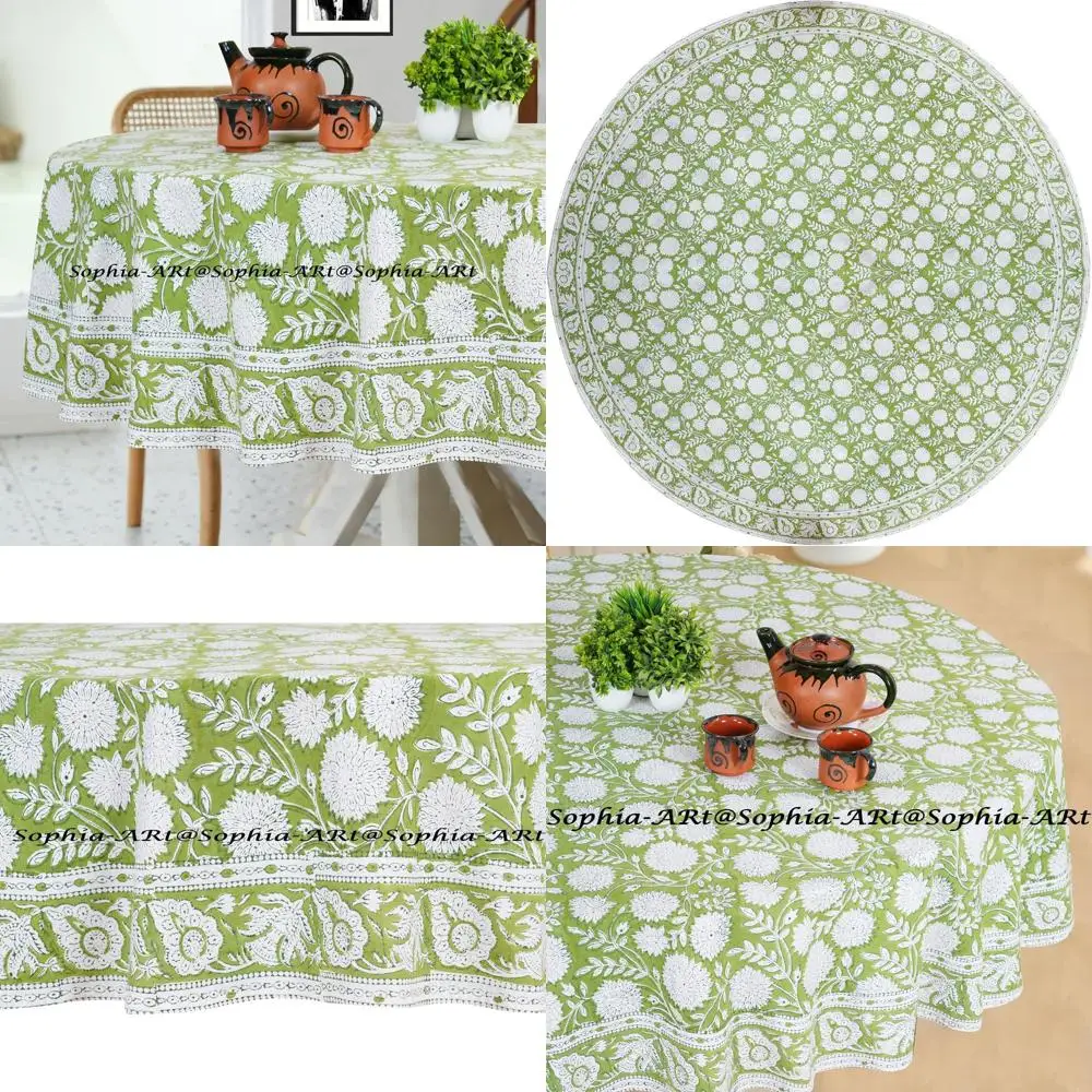 

Скатерть из хлопка, 60 дюймов, для 4 персон, с блочной печатью, моющаяся, для улицы, патио, кемпинга и праздничных мероприятий (цветочный узор)