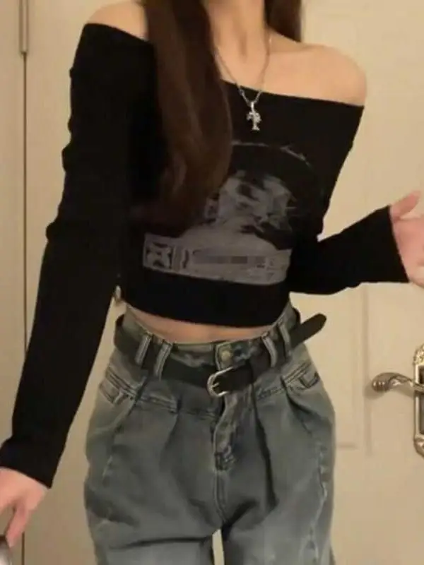 

Chic oulder Bared Long Sve T irt Women's Sli ort American Sweet Cool Fit Creative Print Commute Sle Autumn Top