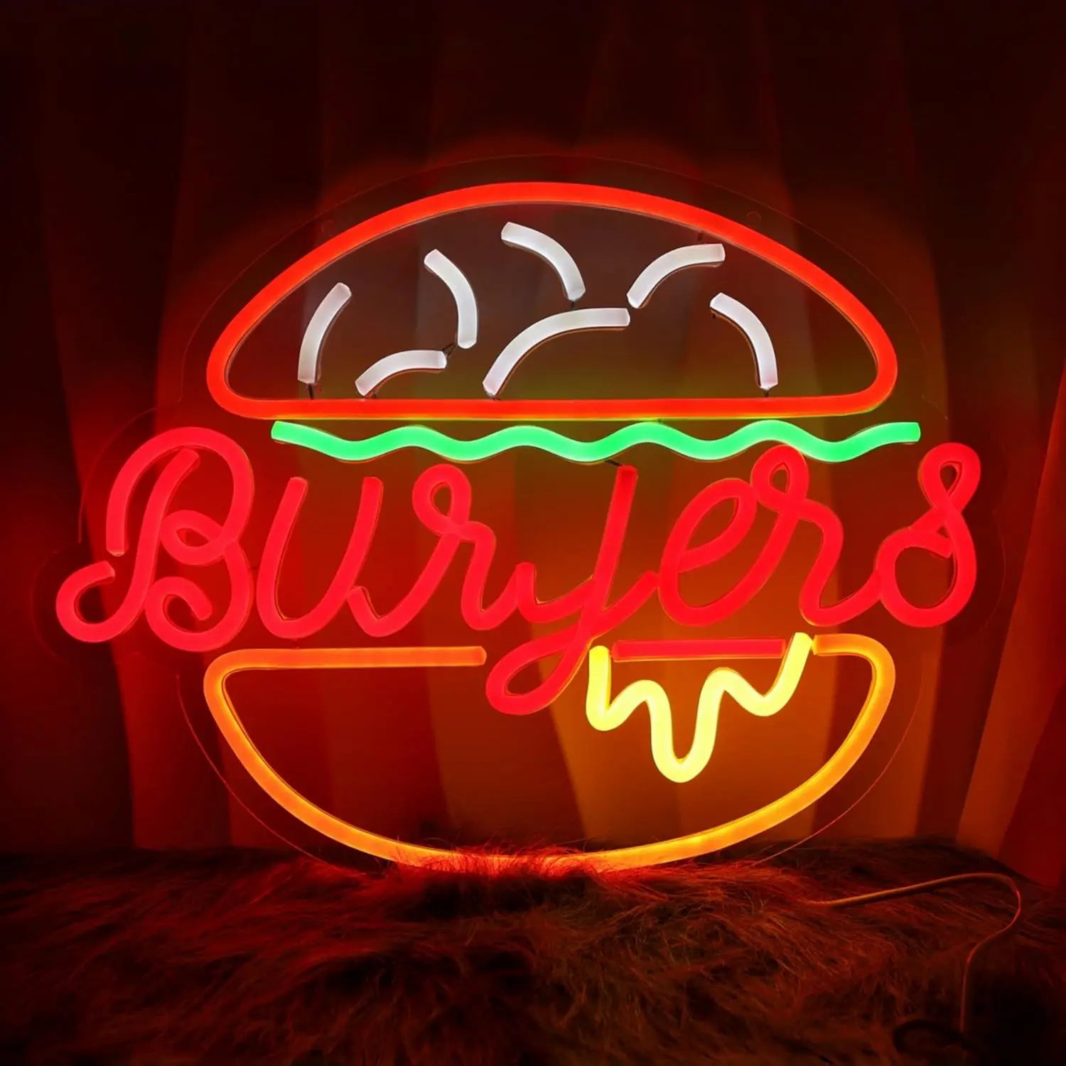 Burgers Neon Light Dimmable LED Wall Decor Fast Food Sign USB Power Diner Restaurant Kitchen Food Stall Window Display Business