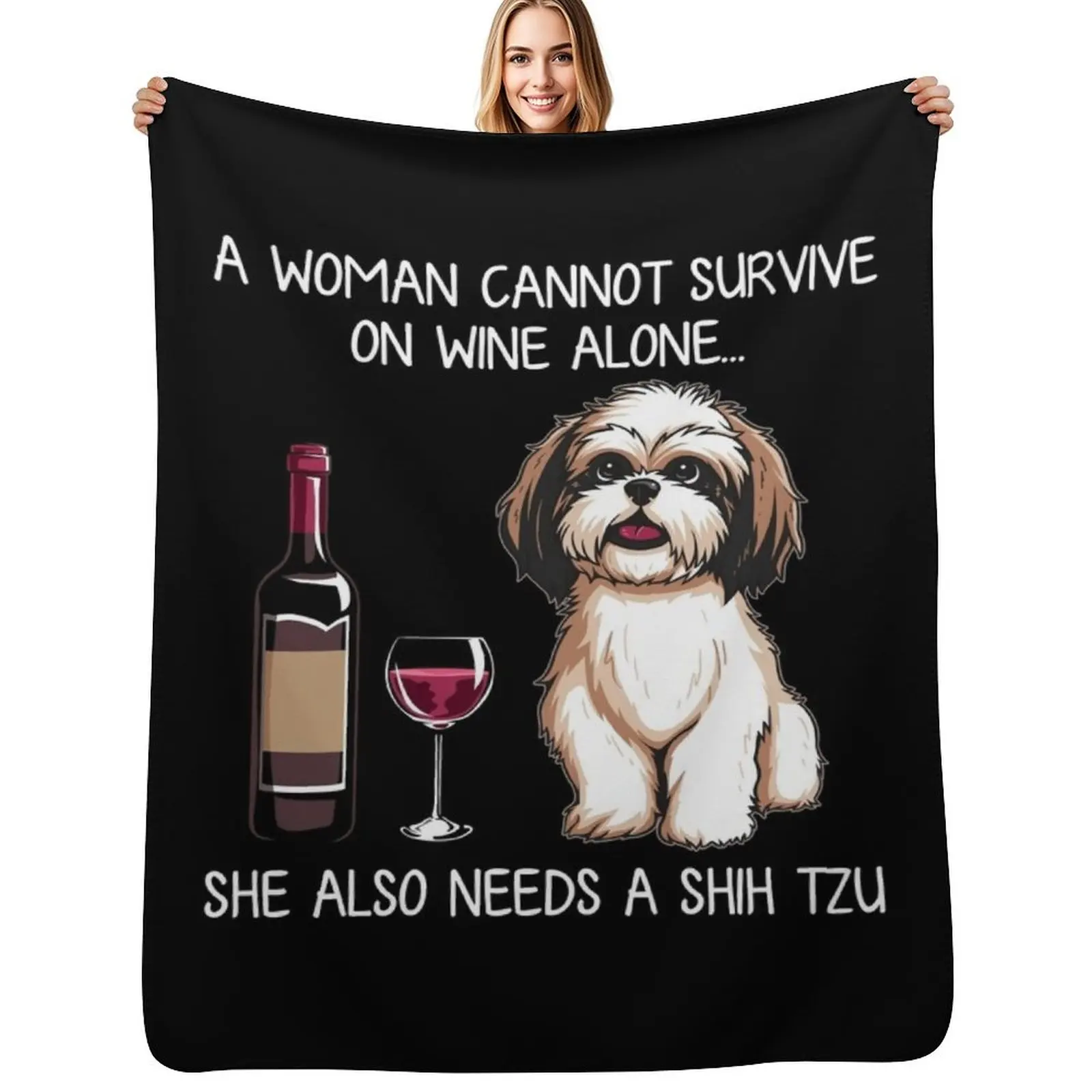 Manta divertida con diseño de Shih Tzu y vino, manta cálida y cómoda para tomar siestas en la oficina