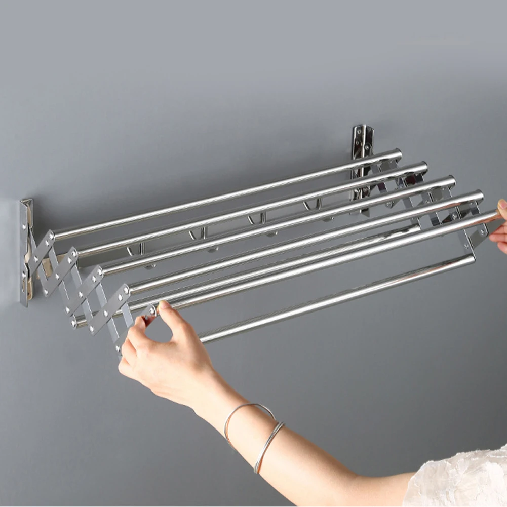 

Wall Mounted Clothes Drying Rack 7 Rods 5 Hooks Retractable Collapsible Laundry Hanger Rustproof Space-Saving for Bathroom/Tower