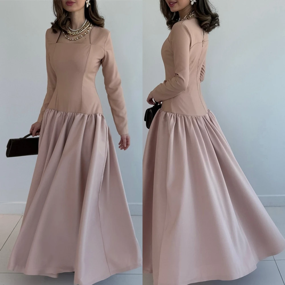 

Customized Long Sleeves A-Line Square Collar Evening Dress Classic Contrast Color Prom Dresses Formal Special Occasion Gowns
