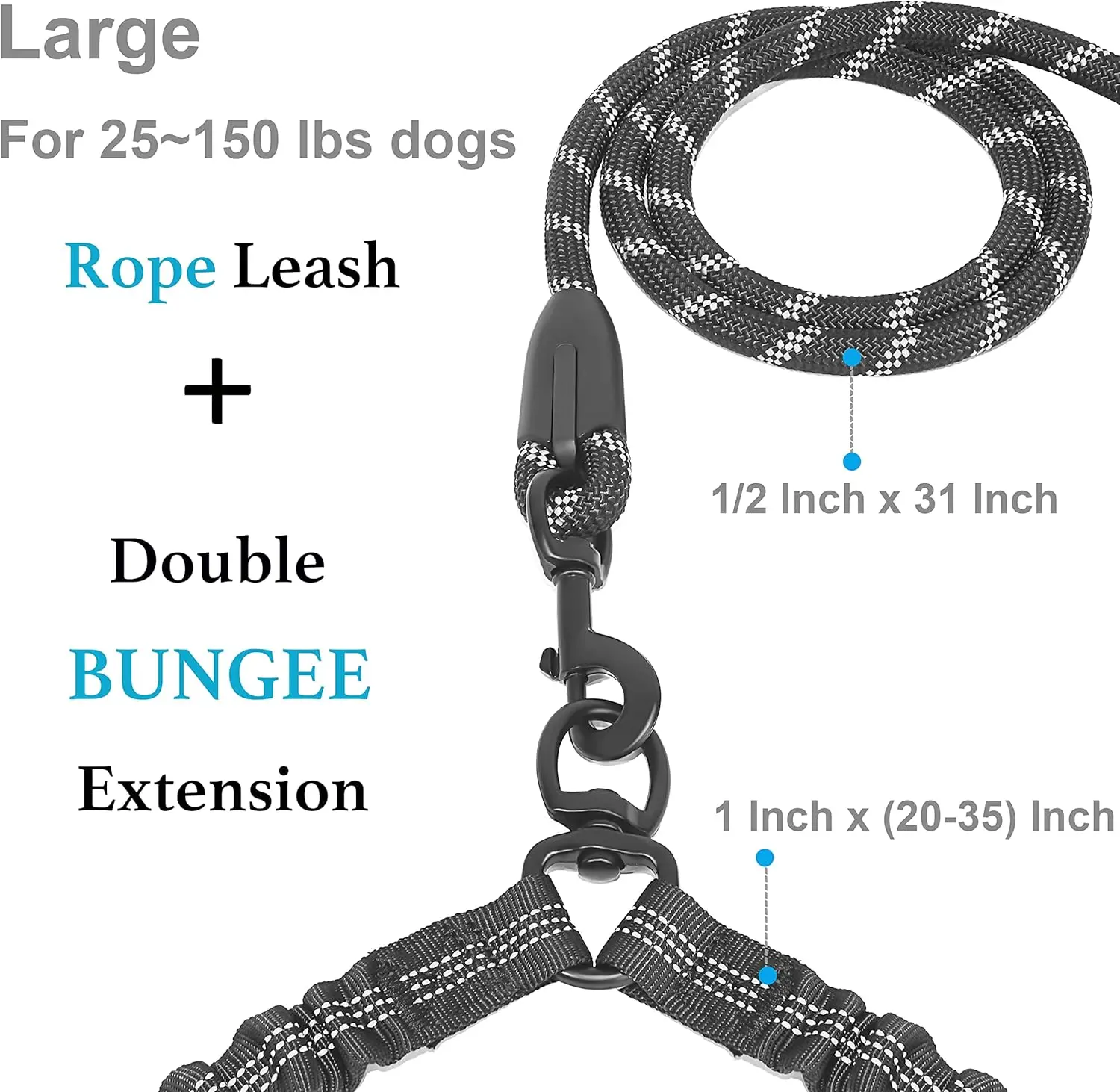 Doppelte Hundeleine, doppelte Hundeleine, 360° drehbare Gehleine ohne Verwicklung, stoßdämpfendes Bungee für zwei Hunde – Detail 7