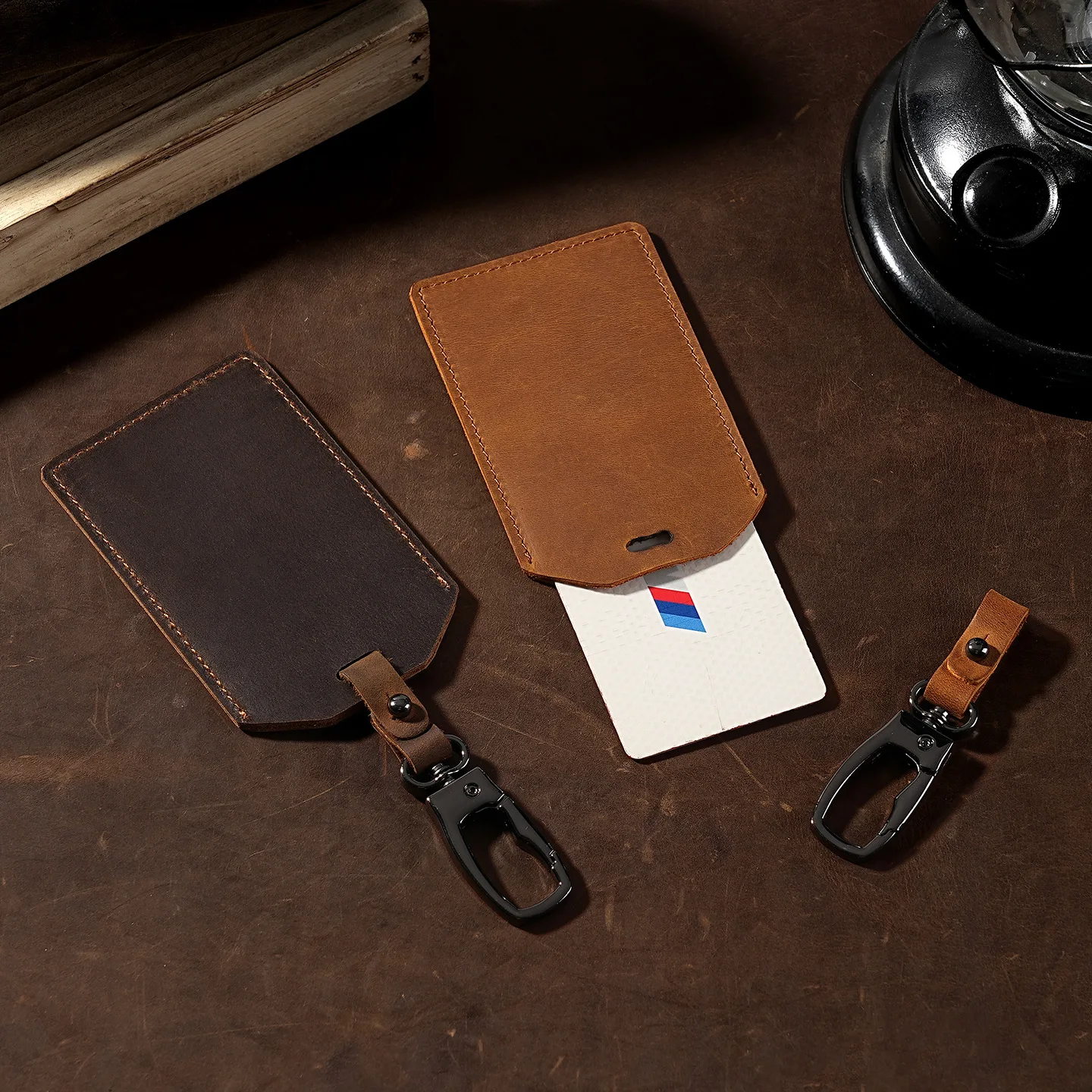 Slim Credit Card Holder Leather ID Badge Holders for Keys, Metro Cards, Portable Access Control Card Pouch with Metal Clasps