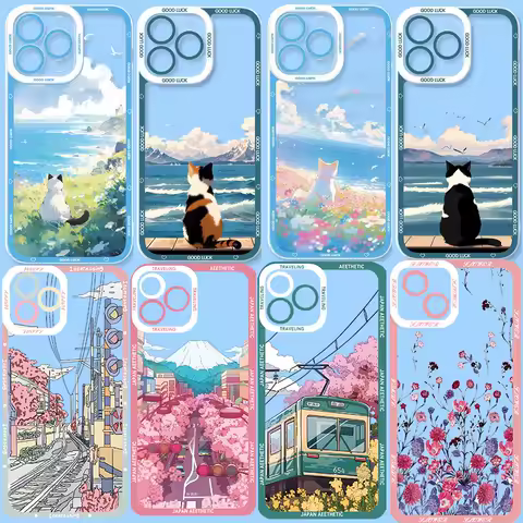 Anime Scenery Cute Cat Flower Case for Xiaomi 15T POCO X7 Pro X5 X6 X3 M3 M4 F5 Pro MI 11 Lite 5G NE Redmi 15C Transparent Cover